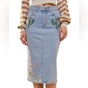 Blue B Embroidered Bird Moon Stars Denim Midi Skirt